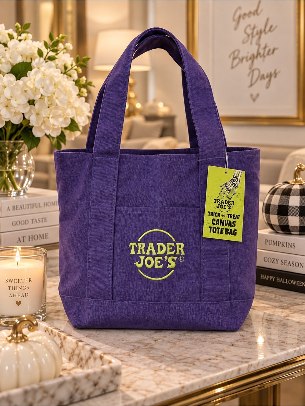 Trader Joe’s Purple Trick-or-Treat Canvas Tote Bag Halloween NWT